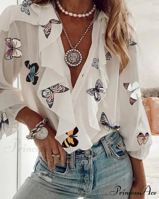 Ruffled Blouse by Vera White butterfly / S