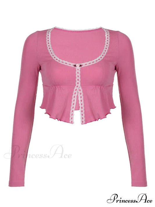 Ruffled Crop Neckline U-shaped Slim Y2K Irregular Long-Sleeved Top Pink / S