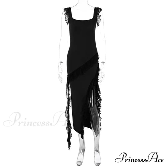 Ruffles Elegant Maxi Dresses Backless Split Sexy Chiffon Long Christmas Christmas Party Dress Black / S