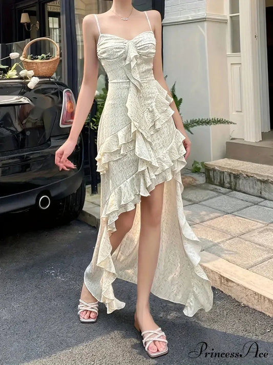 Ruffles Spaghetti Strap Backless Maxi Dress for Summer