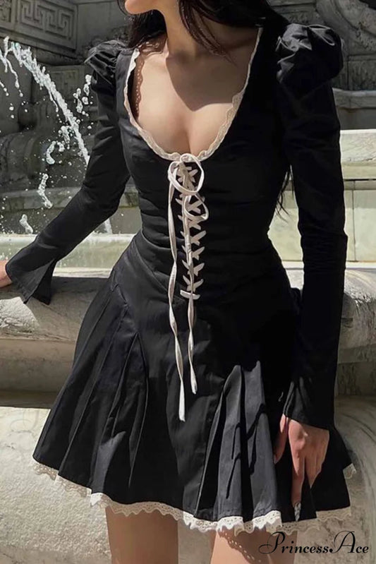 Rushed Lace Up Corset Mini Dress Black / M