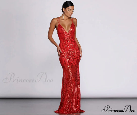 Salma Formal Sequin Charming Scroll Print Dress RED / S