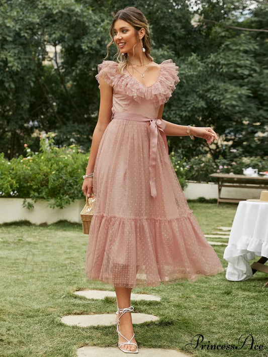 Sash Polka - Backless Mesh Party Full-Length Ruffle Sleeveless Dot Elegant - Tulle Warm-Season Pink V-neck Gown Vestido