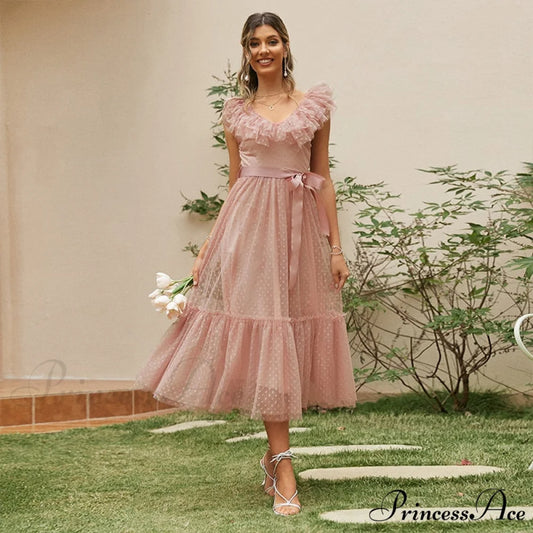 Sash Polka - Backless Mesh Party Full-Length Ruffle Sleeveless Dot Elegant - Tulle Warm-Season Pink V-neck Gown Vestido