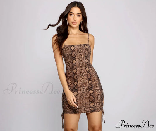 Sassy Snake Print Charming Ruched Mini Dress SNAKE / XS
