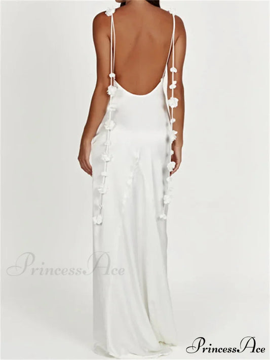Satin Backless Spaghetti Strap for Women Sexy Backless 3D Flower Tassels Party Cocktail Y2K Vestidos WHITE / S