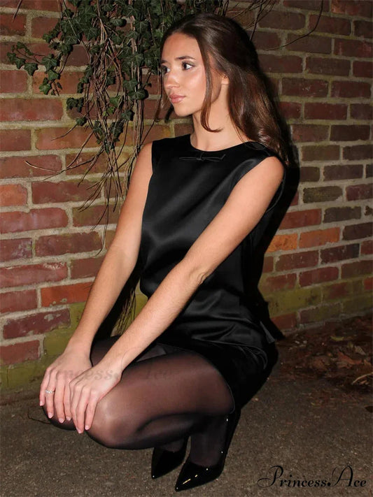 Satin Bow Petite Dress Black / S minidress-250223