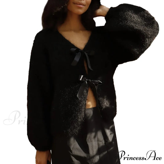 Satin Bow Tied V-neck Cardigan Black / S