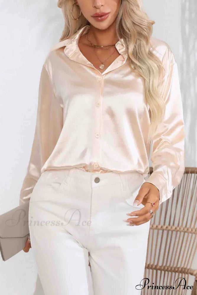 Satin Button Up Blouse with Lapel Champagne / XL