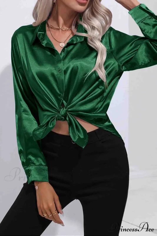 Satin Button Up Blouse with Lapel Dark Green / M