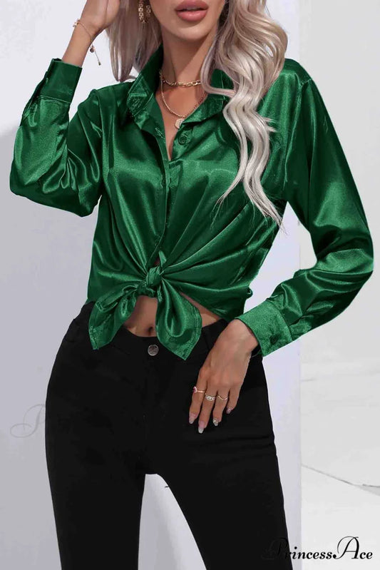 Satin Button Up Blouse with Lapel Dark Green / S