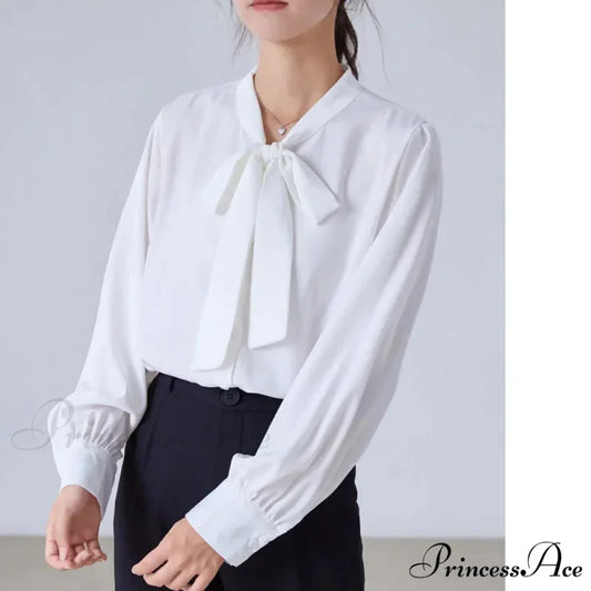 Satin Champagne Ribbon Long Sleeve Professional Woman Blouse WHITE / S blouse-250126