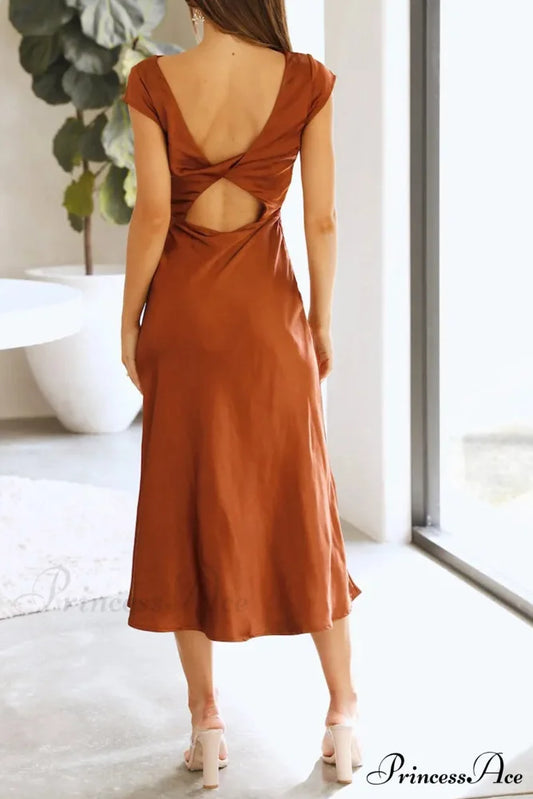 Satin Cowl Neck Dress with Twisted-back Slit Brown / M