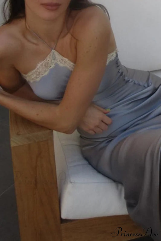 Satin Halter Lace Patchwork Dress Blue / S