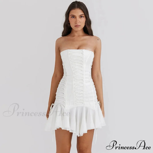 Satin Lace Up Charming Bandage Strapless Mini Dress WHITE / XS