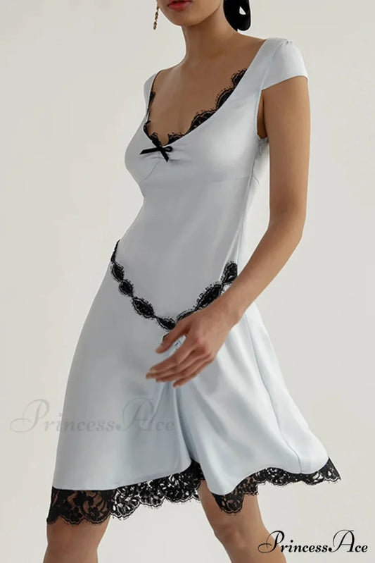 Satin Mini Dress with Lace Patchwork Light Blue / M