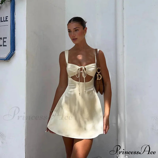 Satin Ruched Tie Charming Up Strap Mini Dress