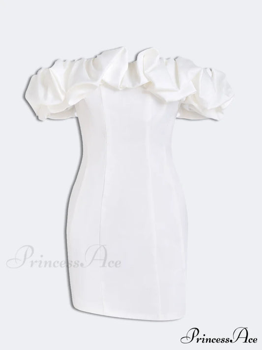 Satin Ruffled Stylish Strapless Mini Dress White / S