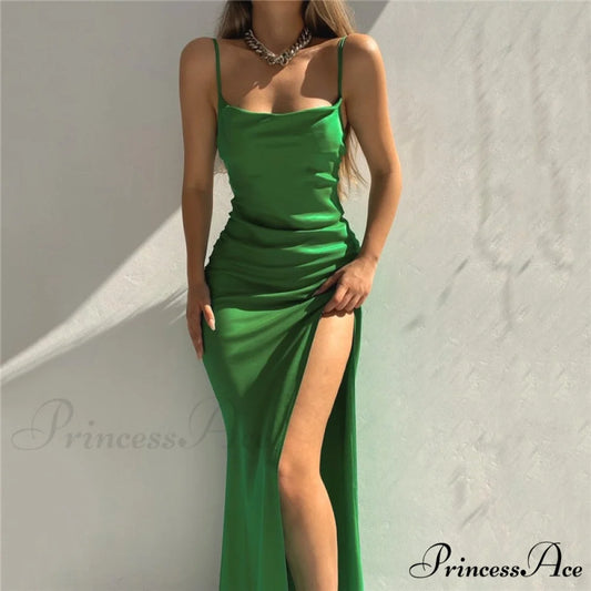 Satin Sleeveless Long Dresses Green / M
