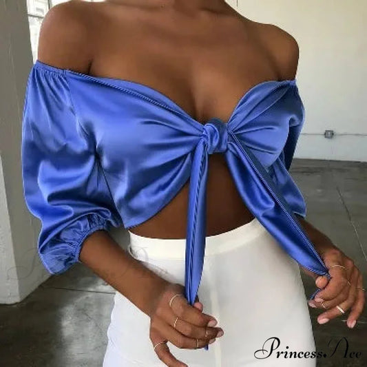Satin Slik Crop Women Bow Sashes V Neck Crop Sleeveless Half Sleeve Cropped Backless cropped feminino Tank top Blue