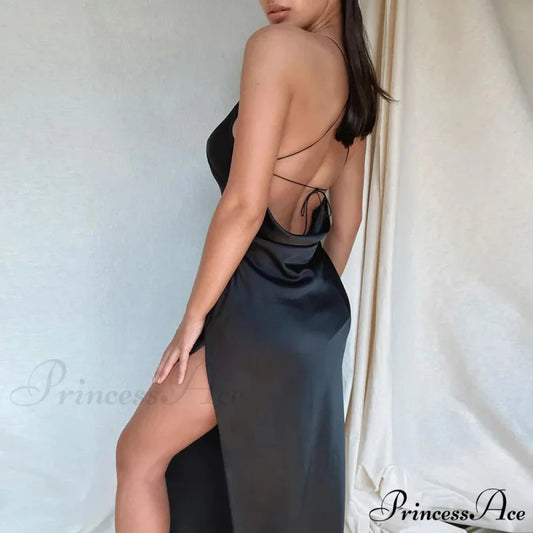 Satin Spaghetti Strap Summer Split V-neck Elegant Sleeveless Backless Club Party Outfits Sexy BLACK / S