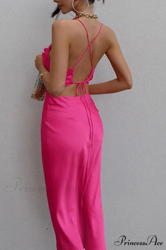 Satin Tie-back Criss-cross Cami Dress with Rose Pattern Rose / L