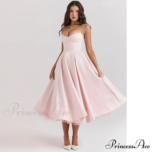 Satin Tulle Flare Charming Strap Cupped Midi Dress