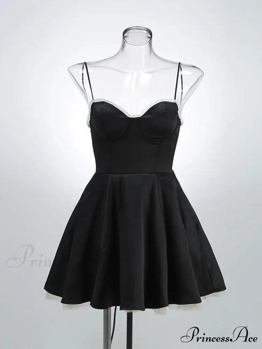 Satin Tulle Frill Charming Strap Mini Dress short black / XS