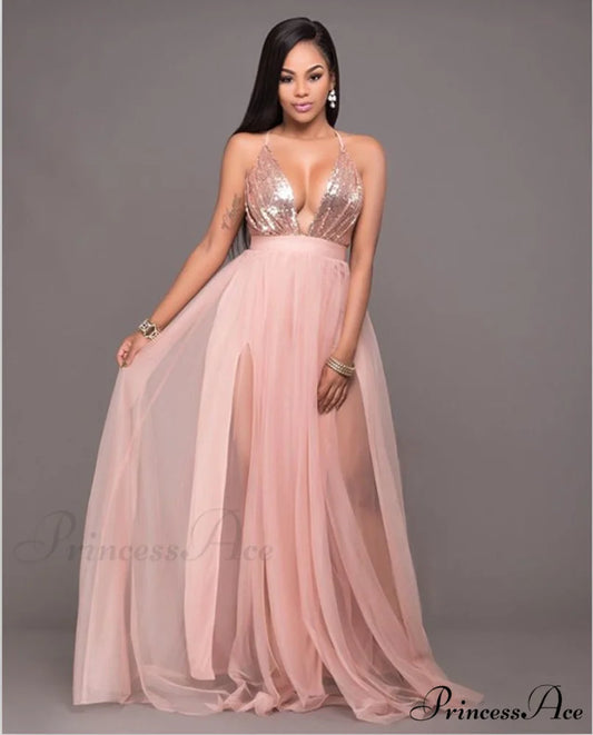 Saylor Formal Double Charming Slit Tulle Dress Pink / S
