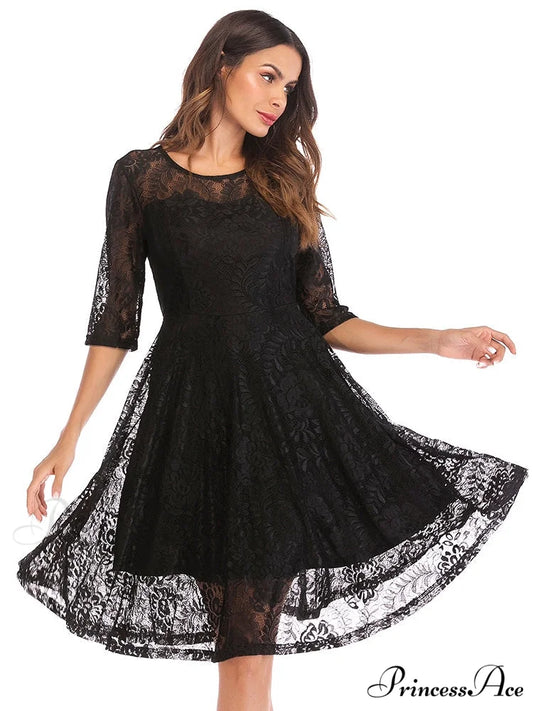 Scallop Trim Lace Overlay Dress in Black S / Blue