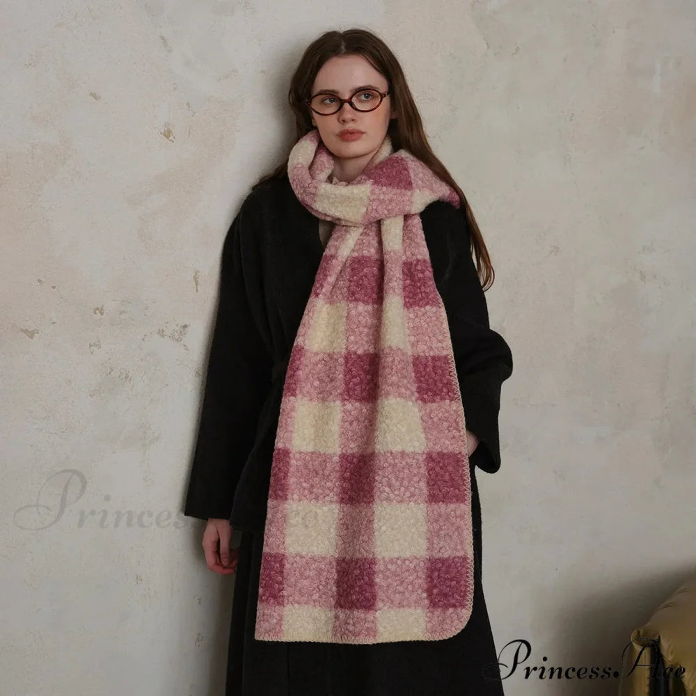 Scottish Woolen Plaid Scarf for Women - Autumn/Winter Shawl Pink beige / L190 W50cm