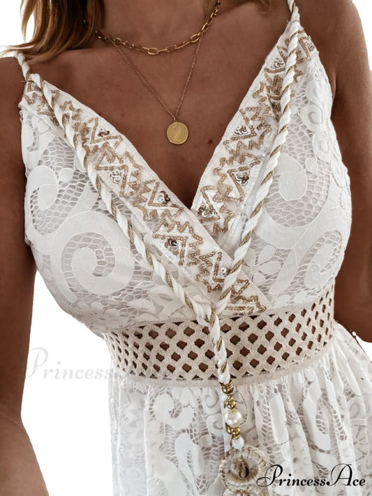 Seaside Breeze Embroidered Maxi Dress S / Beige