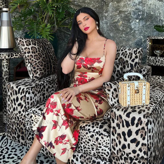 Seductive 2000s Floral Pattern Open-Back Body-Hugging Midi Dress Red / S floraldress-250126