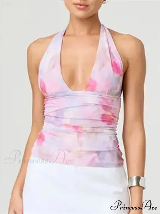 Seductive Bind-up Halter Spiral-dyed Gathered Crop Top croptop-250126