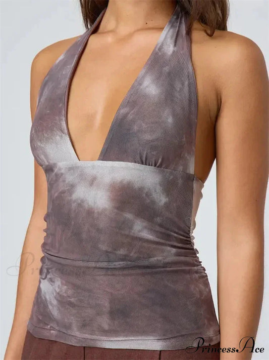 Seductive Bind-up Halter Spiral-dyed Gathered Crop Top GRAY / S croptop-250126
