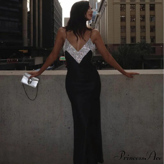 Seductive Deep-Neckline Crystal Bandage Gown Formal Dress black / XS promdress-250223