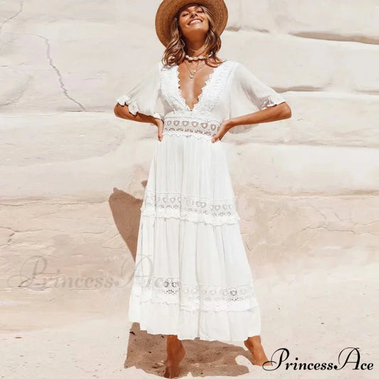 Seductive Deep Plunge Open-back Cotton Lace Dress WHITE / S bohodress-250126