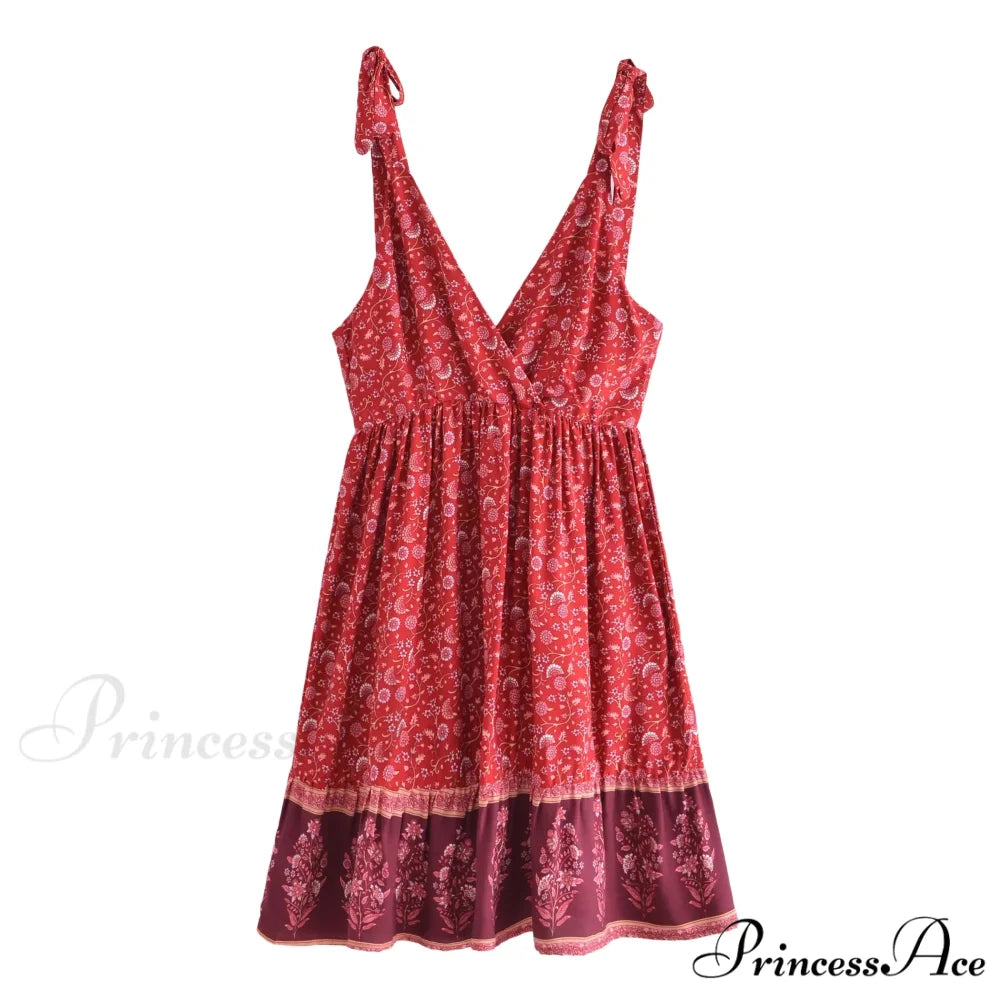 Seductive Deep Plunging Neckline Sleeveless Bandeau Mini Boho Dress Red / S bohodress-250126