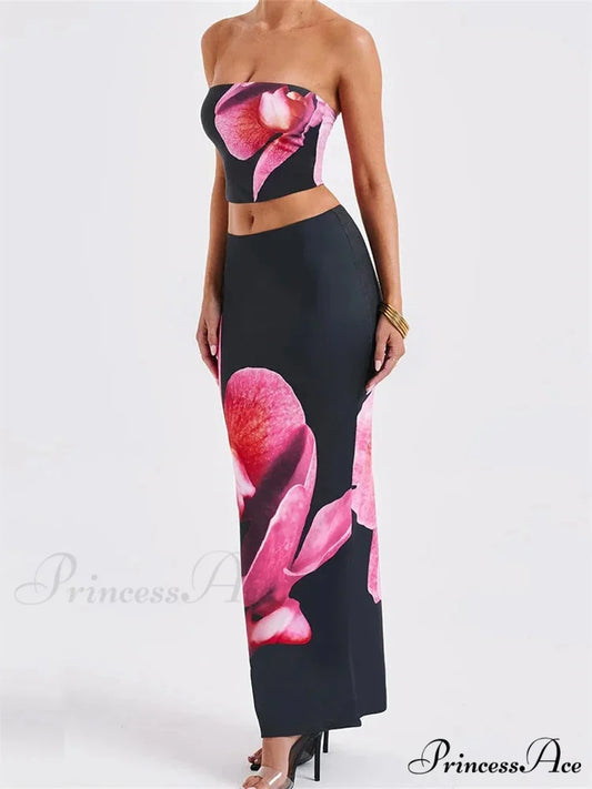Seductive Flower Pattern Tube Top Flexible Waist Bodycon Skirt Set skirt-250126