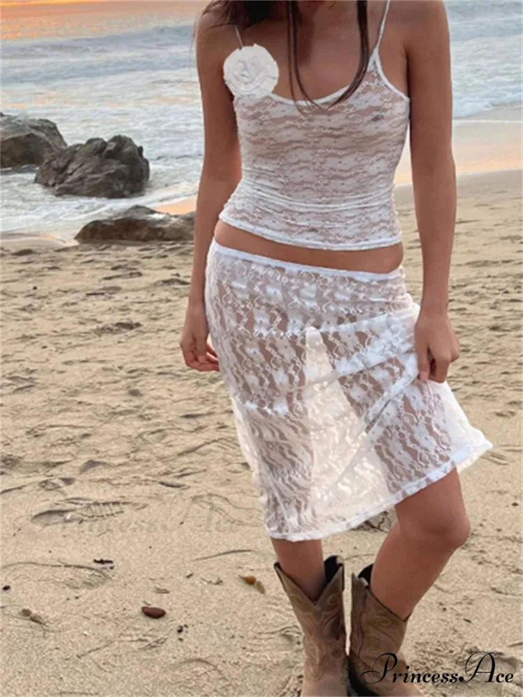 Seductive Flowered Lace Strap Tank Camis Crop Top with Sheer Long Skirt Set twopiecesset-250126