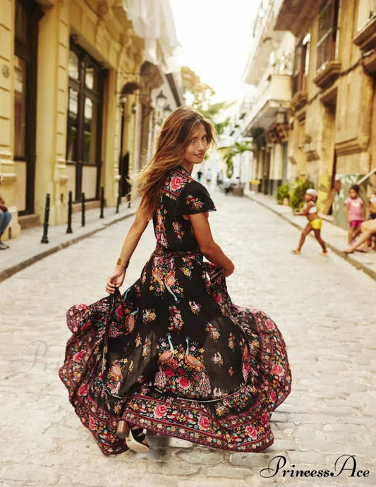 Seductive High Division Flare Sleeve Pattern Rayon Maxi Boho Dress Black / S bohodress-250126