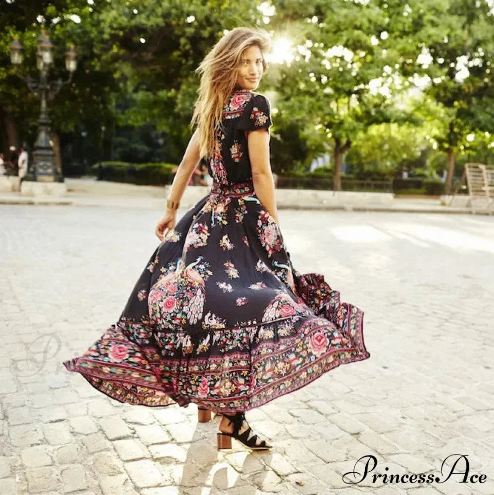 Seductive High Division Flare Sleeve Pattern Rayon Maxi Boho Dress bohodress-250126