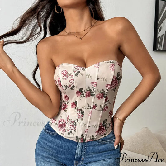 Seductive Lace Blossom Design Corset Deep V-Neck Tank Top Khaki / XS croptop-250126