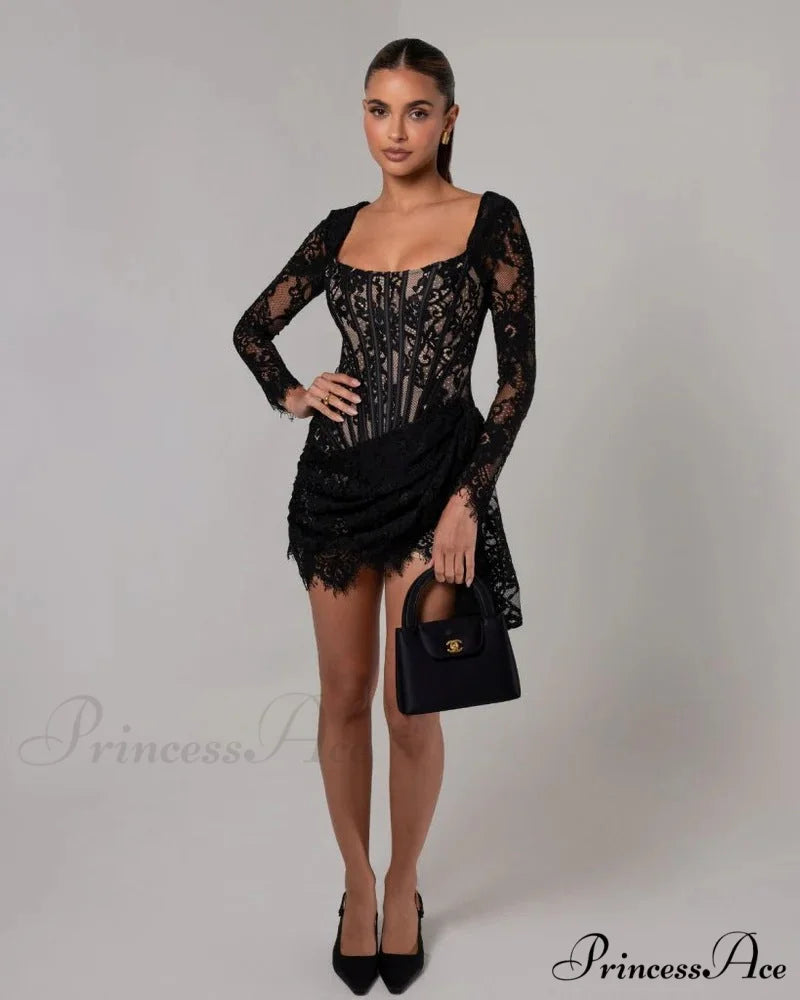 Seductive Lace Mesh Corset Mini Prom Dress black / XS promdress-250223