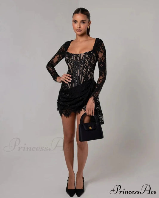 Seductive Lace Mesh Corset Mini Prom Dress black / XS promdress-250223
