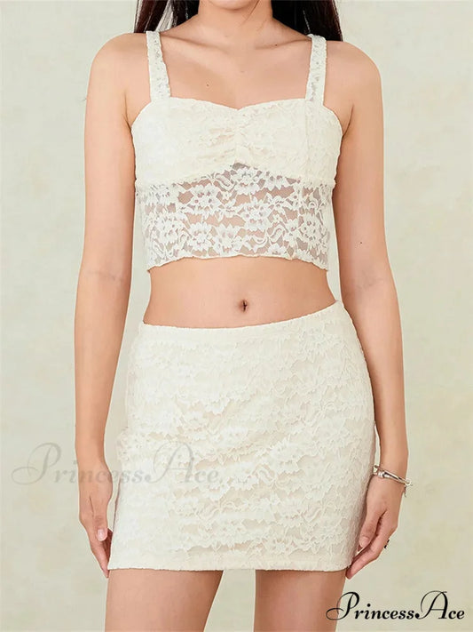 Seductive Lace Sleeveless Tank Crop Top with Brief Mini Skirt Set white / S twopiecesset-250126