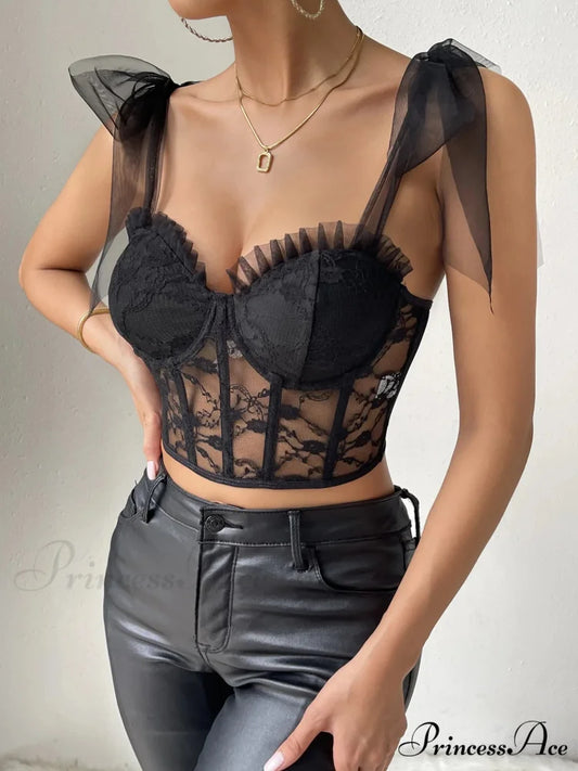 Seductive Mesh Lace Corset Camisole Transparent Top Black11011 / S croptop-250126