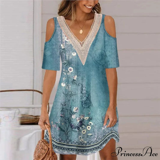 Seductive Off Shoulder Lace Splicing Celebration Floral A-line Dress Blue / S oldfloraldress-250126