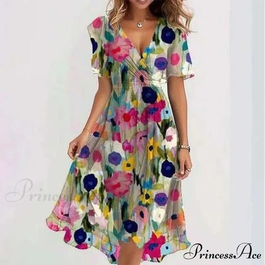 Seductive Plunging Neckline Flower Swing Dress Color 1 / S oldfloraldress-250126