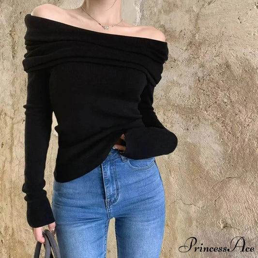 Seductive Slash Neck Ruffled Knitted Sweater Black / S swraters-241228